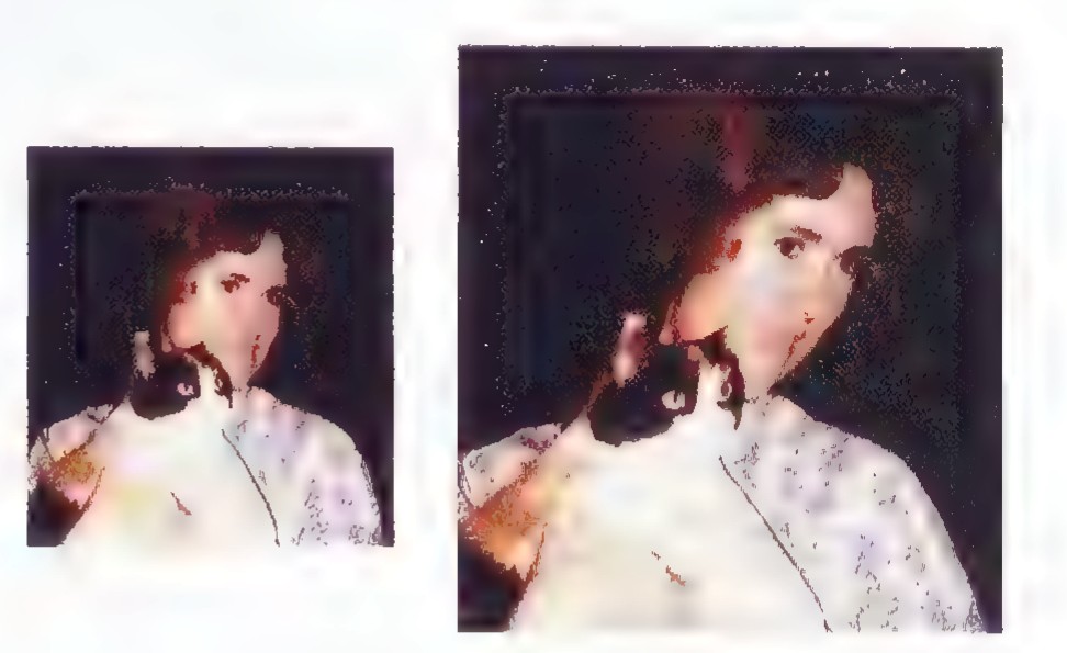 Two photographs of the same girl side by side; in the right-hand photograph her face and body are visibly stretched and distorted.