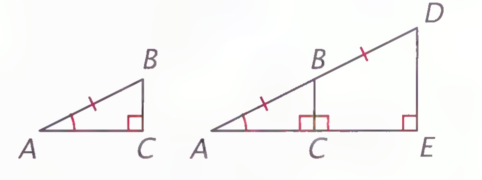 Two right triangles: ABC at the left, and a larger ADE at the right with B on AD and C on AE.