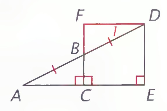 Triangle ABC with BC extended to E, a line through D and F drawn so that angle 1 equals angle A, and right angles at C and E.