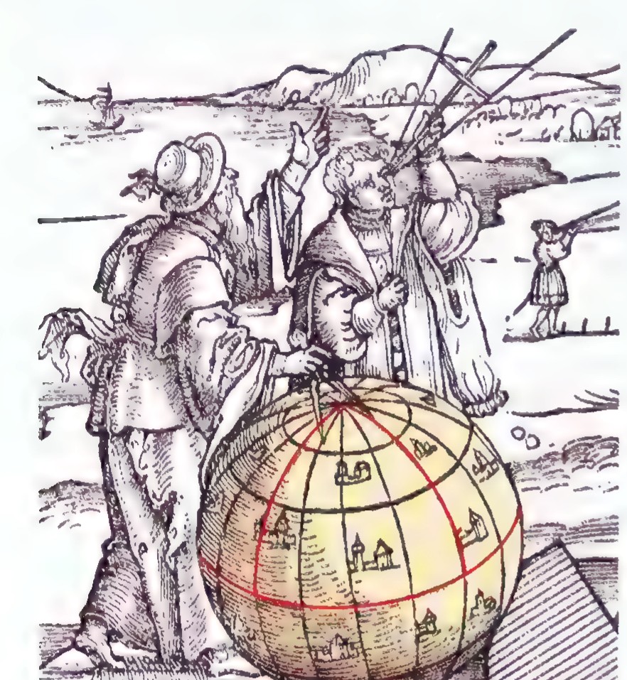 Engraving of two men in sixteenth-century dress measuring a large globe with dividers while a third man watches.