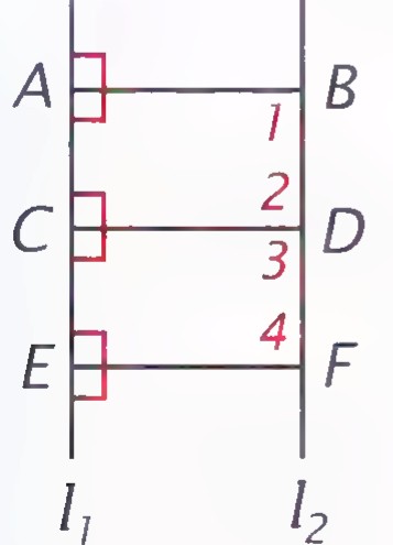 Two vertical rails l₁ and l₂ with three horizontal rungs AB, CD, and EF, and angles 1, 2, 3, and 4 marked at C and E.