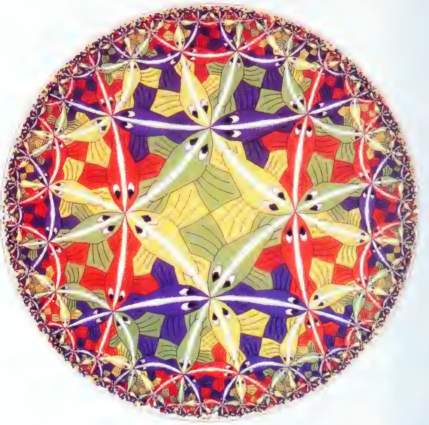 Computer-generated version of Escher’s Circle Limit III: interlocking green fish and red and purple shapes inside a circular frame, growing smaller toward the rim.