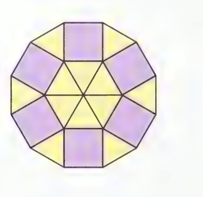 An octagon built from equilateral triangles and squares, with yellow triangles and purple squares.