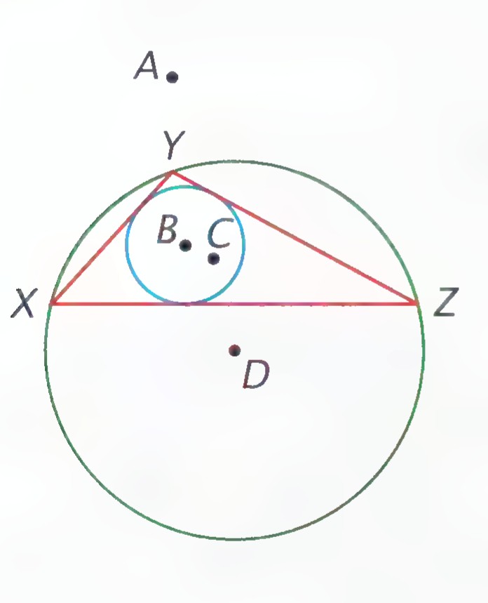 Triangle XYZ with its circumcircle and incircle; point A is outside the triangle above, B and C lie inside near its center, and D lies below the base.