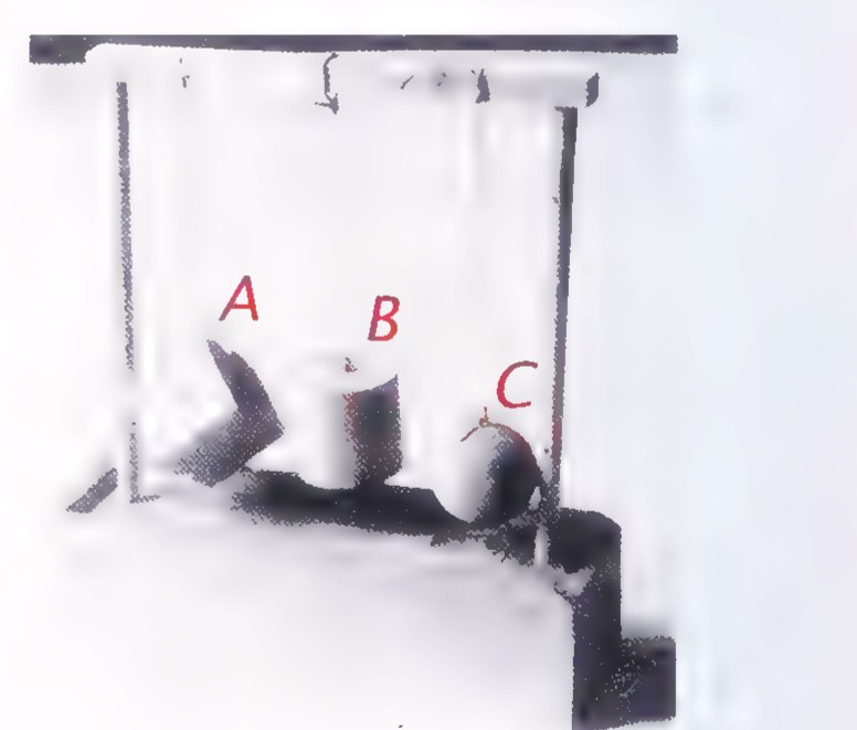 A wooden rack with strings suspending three solids labeled A, B, and C: a cube, a cylinder, and a cone.