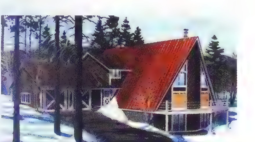 Photograph of an A-frame house with a steep shingled roof in a snowy clearing among pine trees.