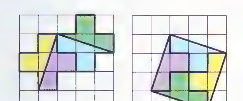 A square grid containing two Greek crosses cut into colored pieces; the pieces on the right are rearranged to form a square.