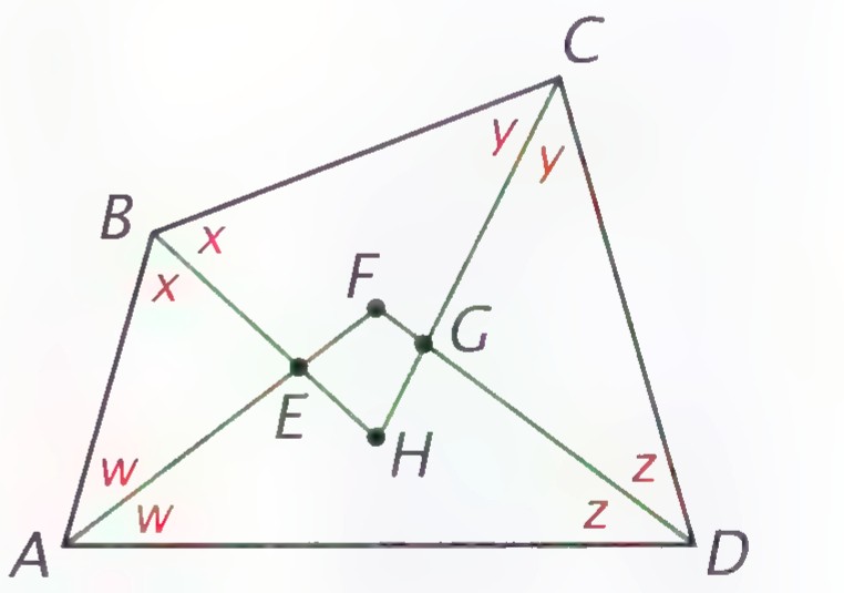 Convex quadrilateral ABCD with its angle bisectors meeting to form quadrilateral EFGH inside; the half-angles at A, B, C, and D are labeled w, x, y, and z.