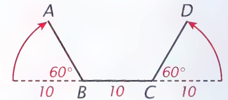 A cross section of the bent sheet: a horizontal base BC with two 10-cm sides turned up at 60°, ending at A and D, which are joined by a dashed line.