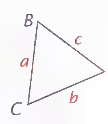 Triangle ABC with sides a opposite A, b opposite B, and c opposite C.