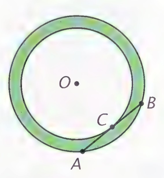Two concentric circles forming a ring; point O is the center, A and B are endpoints of a chord of the outer circle, and C is the point where the chord touches the inner circle.