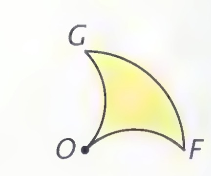 A curved triangular region bounded by arcs OG and OF, with a point G at the top.