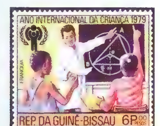 A postage stamp from Guinea-Bissau showing a classroom scene and a diagram of a triangle inscribed in a circle.