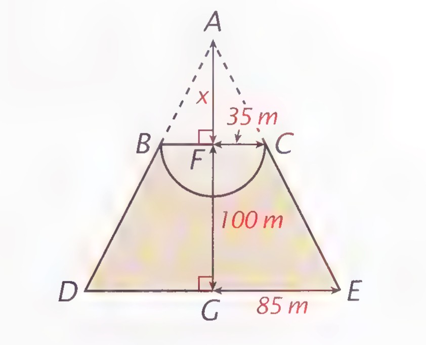 Side view of the mountain: cone ADE with a spherical crater bowl at its top. AF = x, BF = 35 m, FG = 100 m, and GE = 85 m.