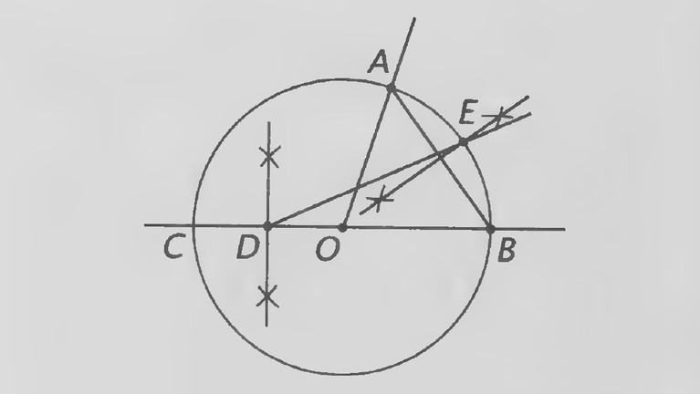 Figure on page 296 — Compass-and-straightedge angle-bisection construction: a circle with center O cut by rays to A and B, with arc marks on OC and the line DE