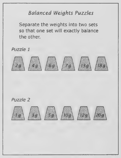 Transparency 2-4-7: Balanced weights puzzles (Set II, Ex. 18)