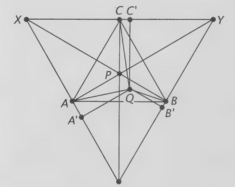 Figure on page 386 — Two similar right triangles sharing a vertex, with the perpendicular segments that give the proportions marked